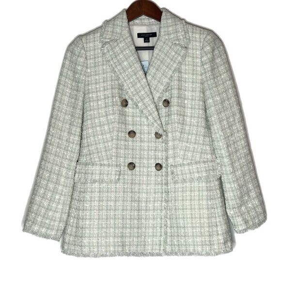 Ann Taylor Sage Fringe Tweed Double Breasted Blazer Jacket - Picture 2 of 6